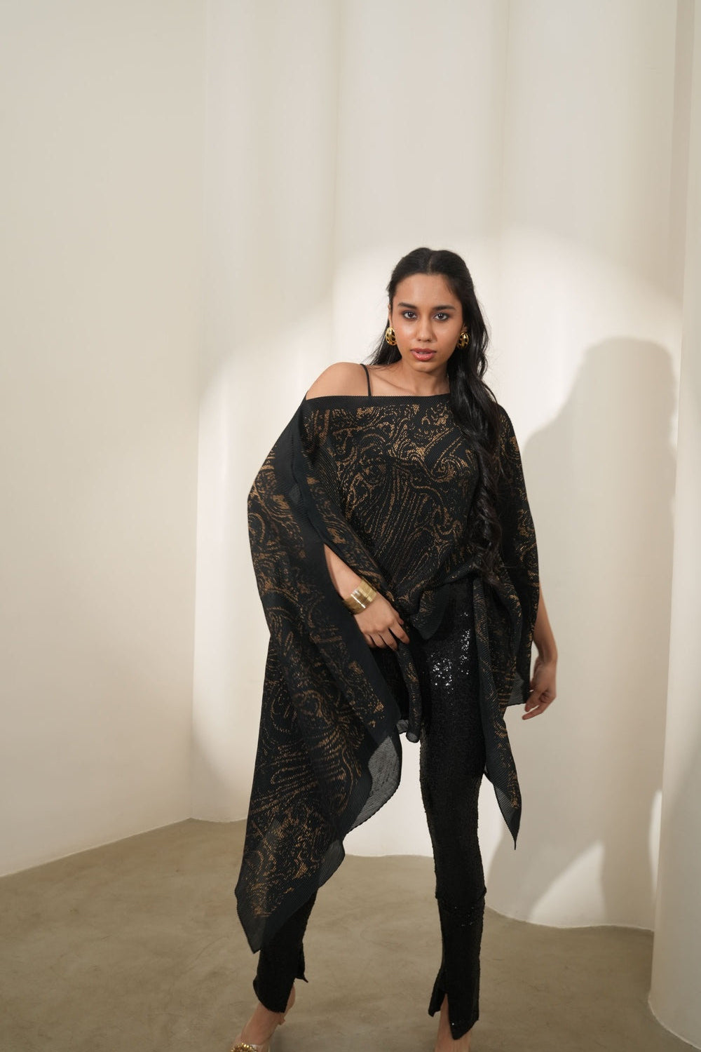 Brocade Paisley Black Pleated Poncho-Pre Order