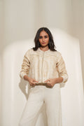 Off White Ornamental Design Brocade Bomber Jacket