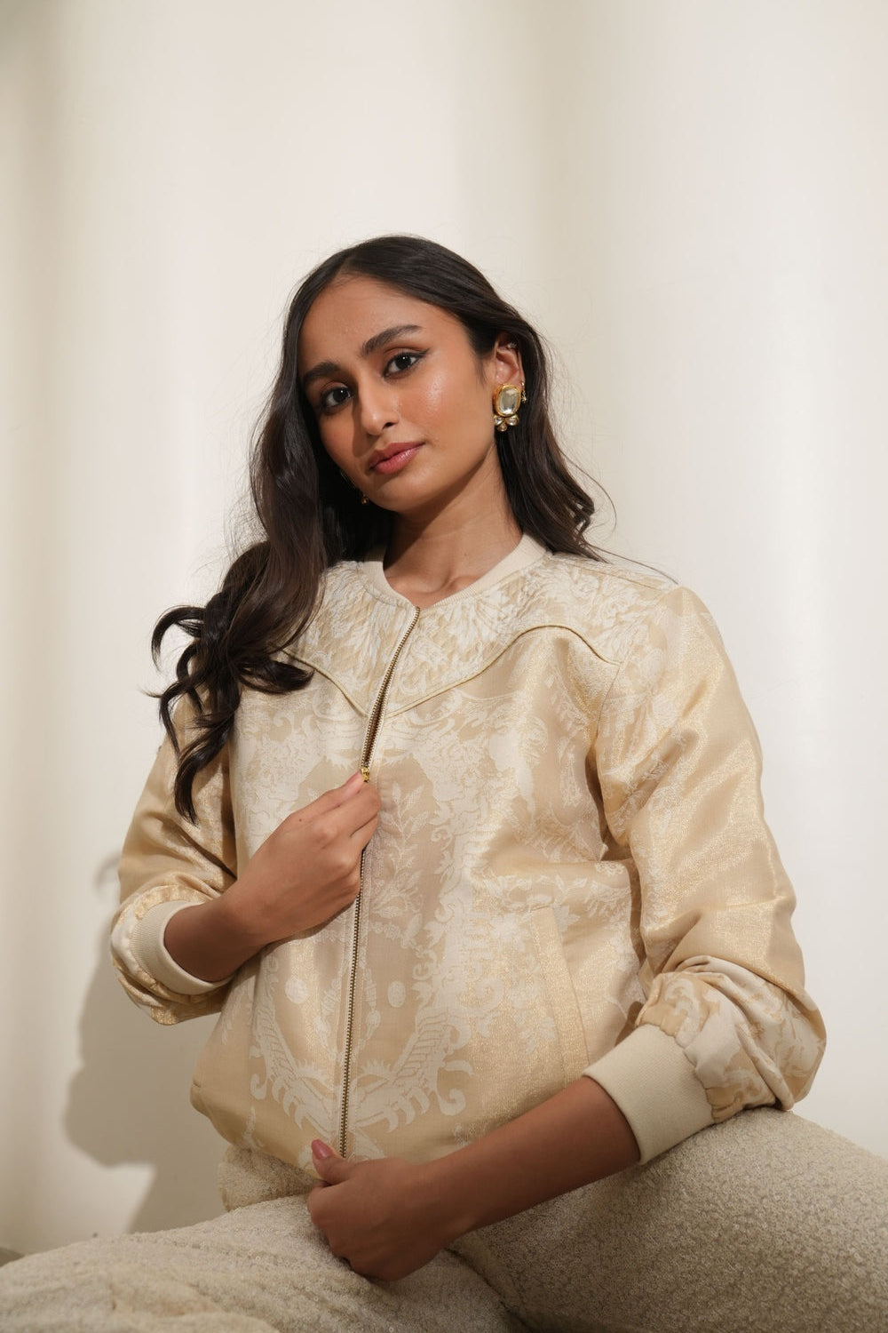 Brocade Ornamental Design Off White Bomber Jacket