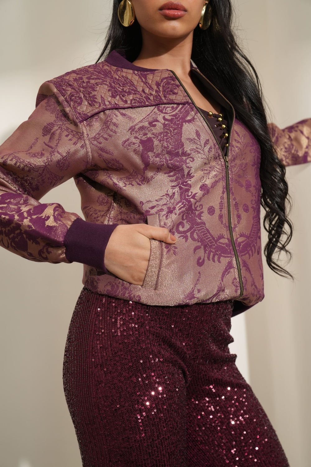 Brocade Ornamental Design Wine Bomber Jacket