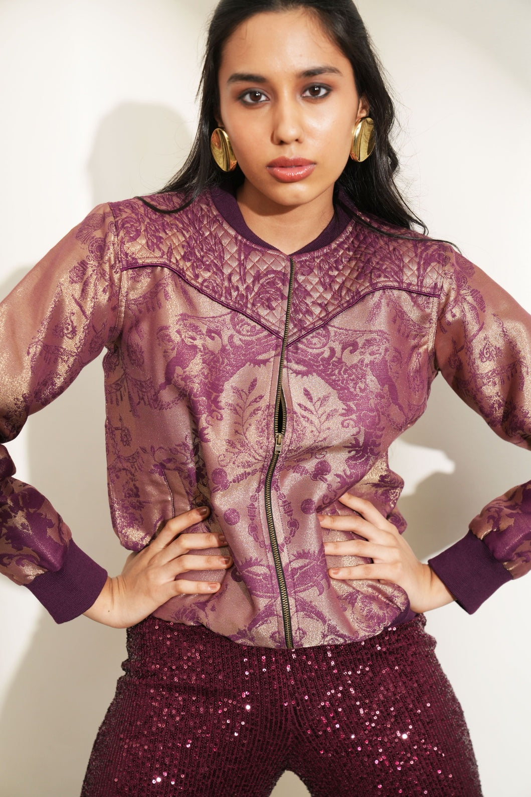 Brocade Ornamental Design Wine Bomber Jacket