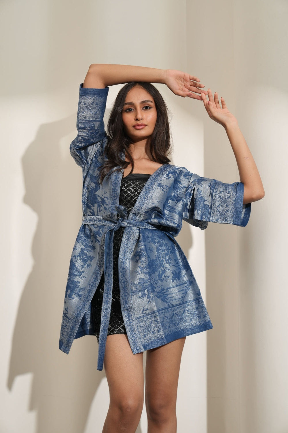 Brocade Floral Design Blue Kimono Set