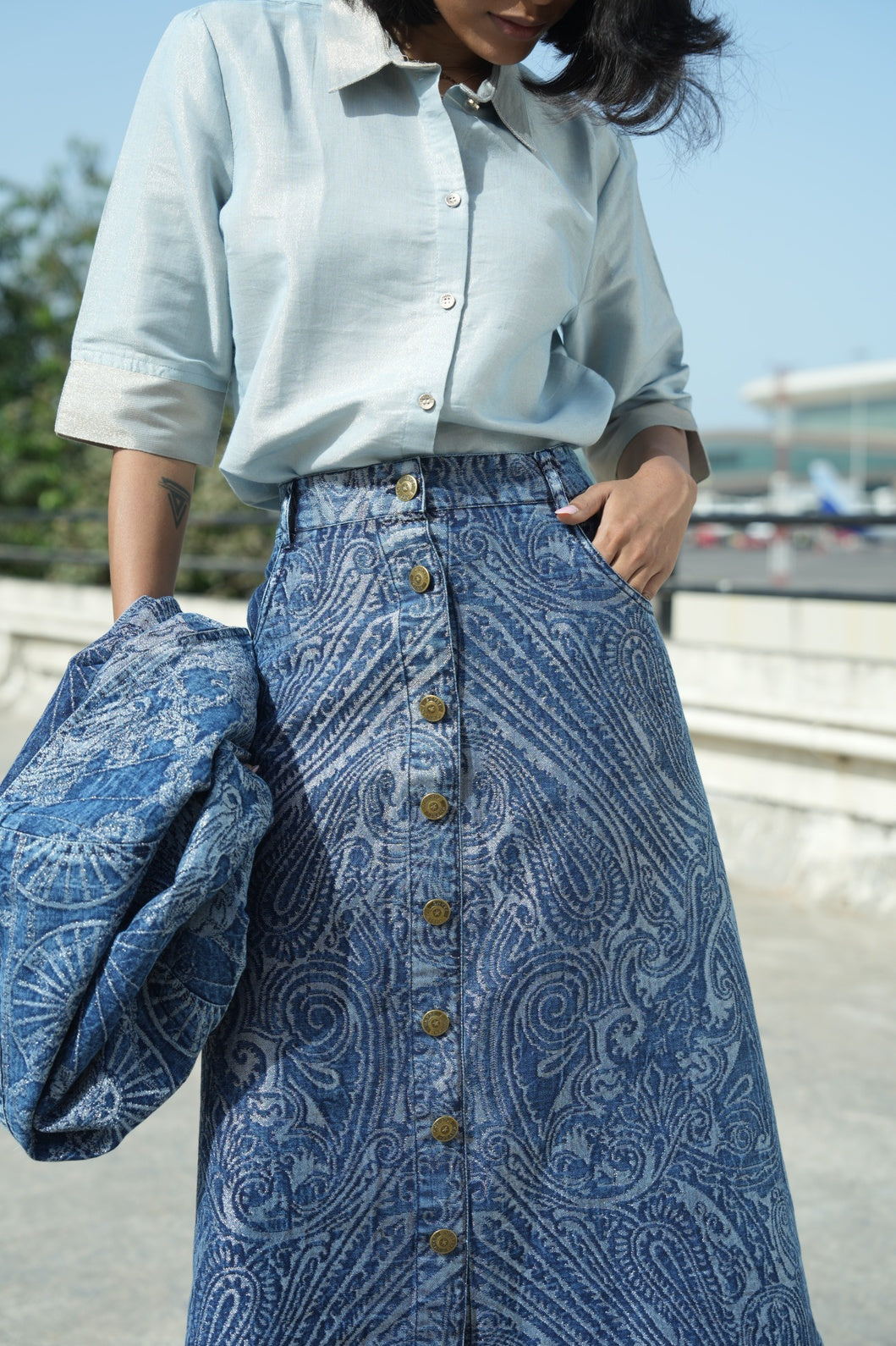 Denim Metallic Paisley Skirt