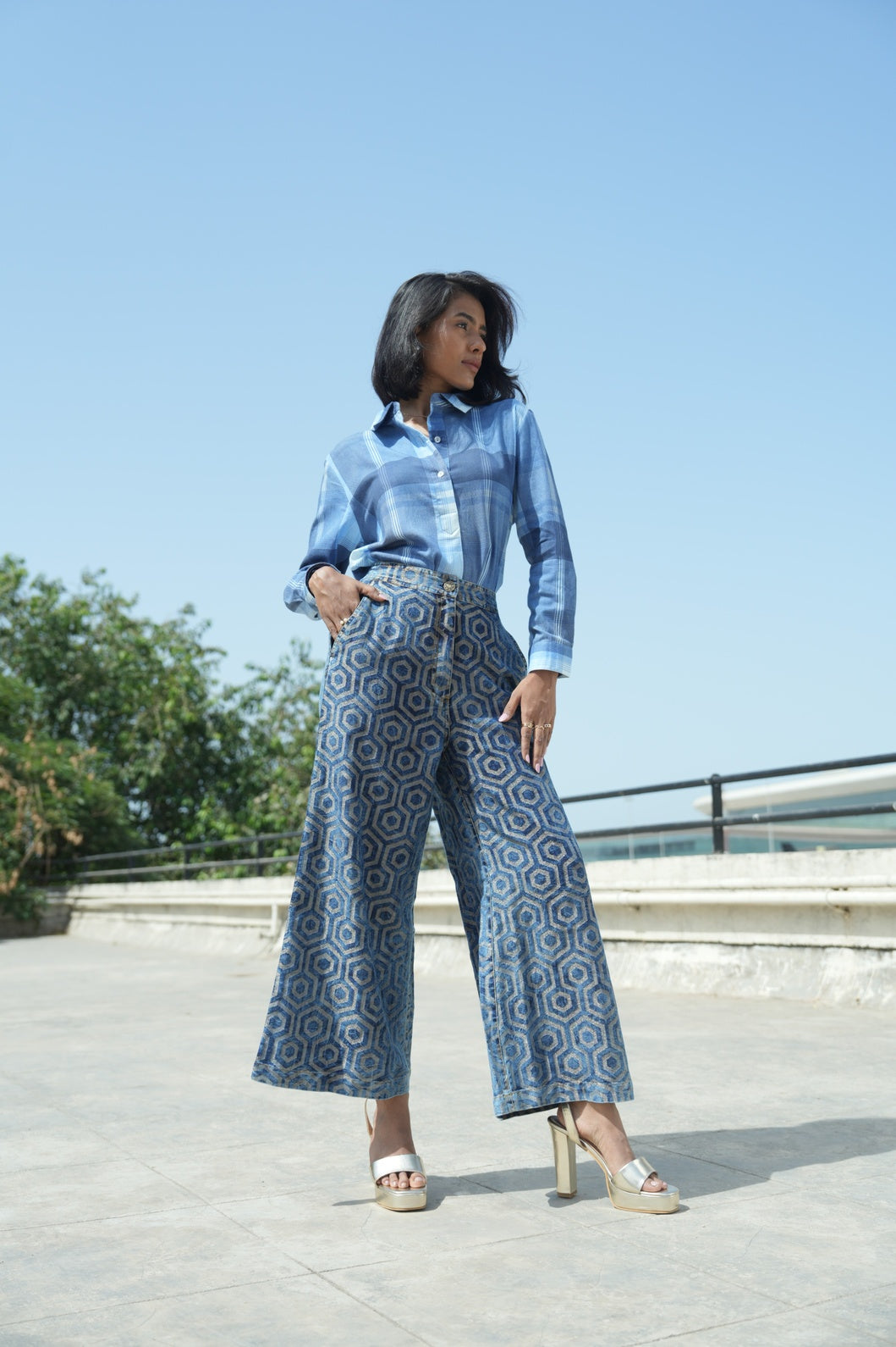 Denim Metallic Hexagon Flare Jeans
