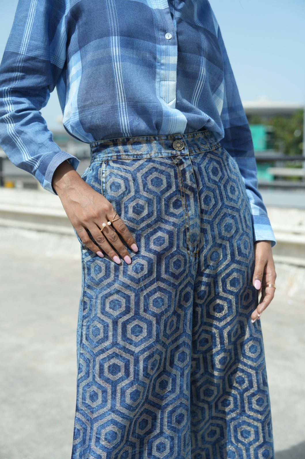 Denim Metallic Hexagon Flare Jeans