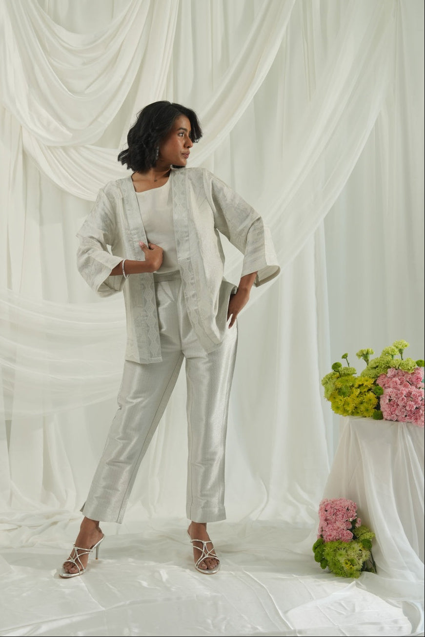 White Brocade Metallic Silver Co-ord Set