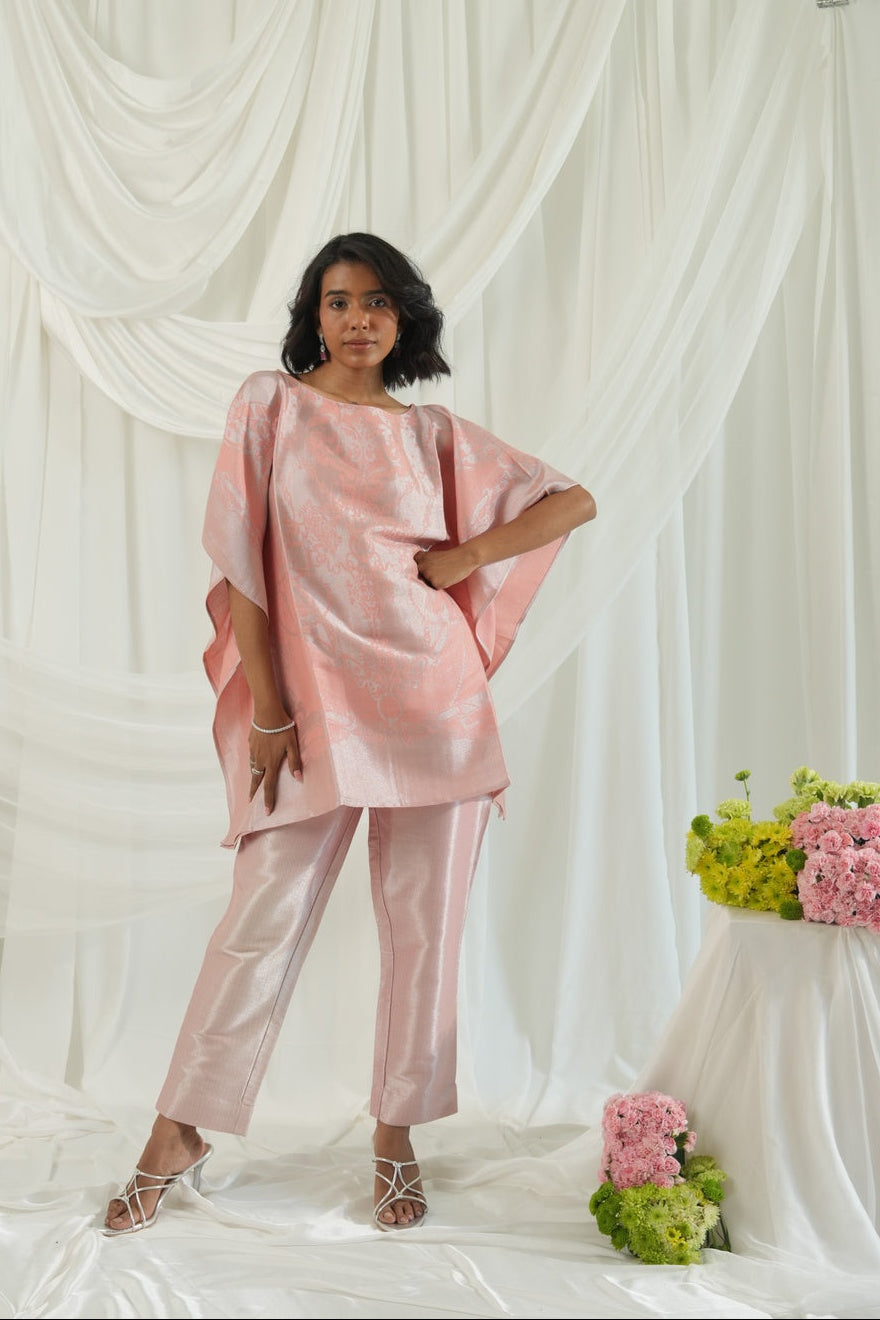 Brocade French Pattern Peach Kaftan Set
