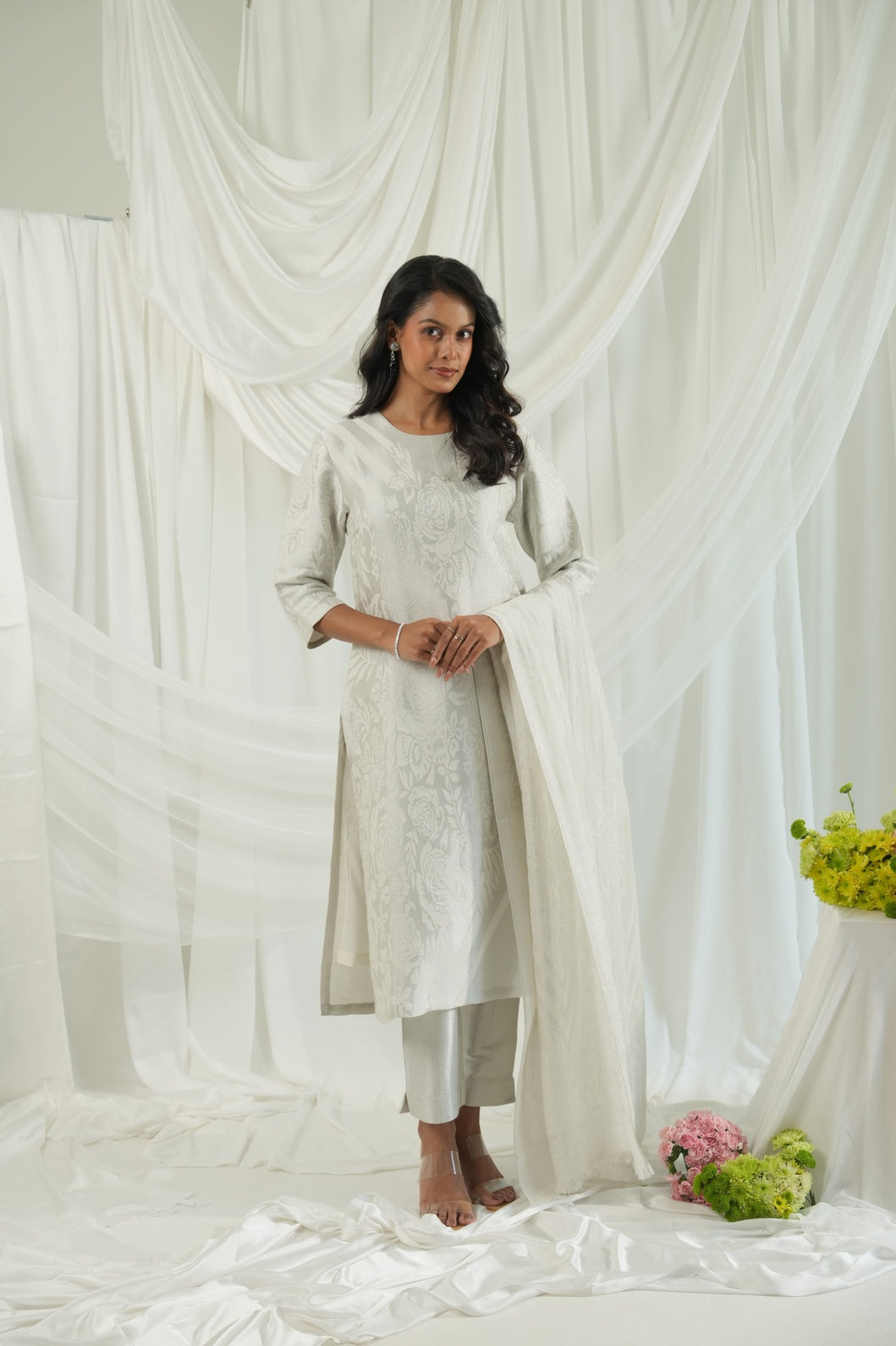 Brocade Floral Design White Kurta