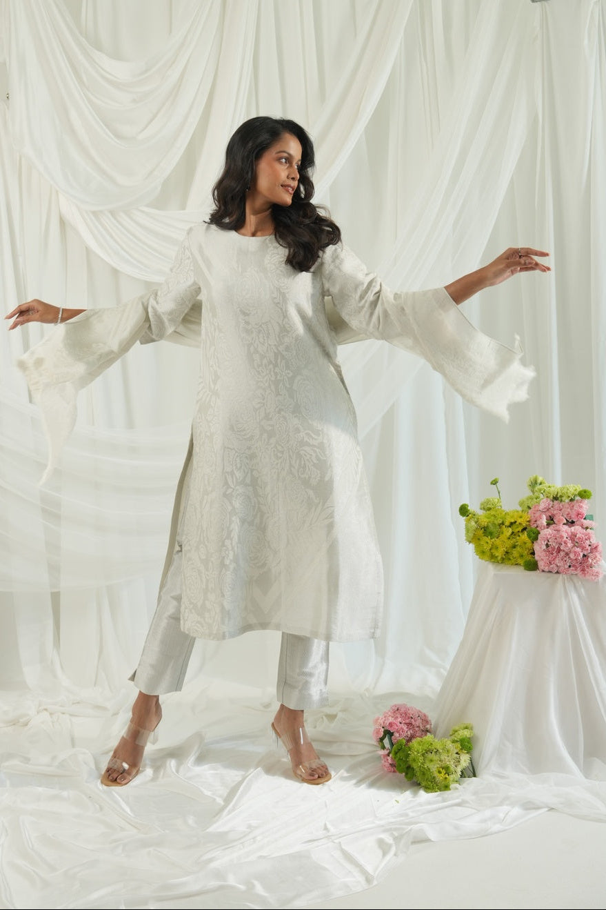 Brocade Floral Design White Kurta Set