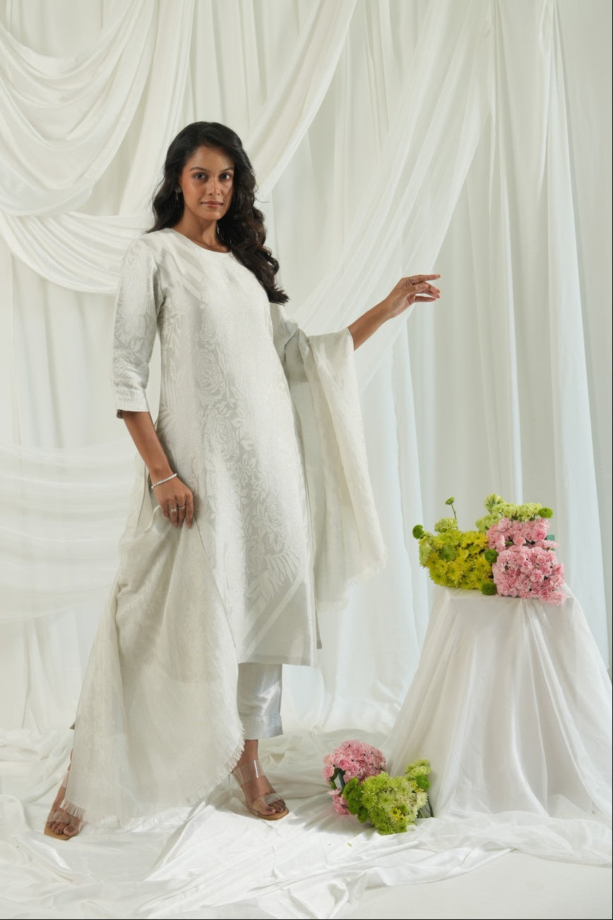 Brocade Floral Design White Kurta Set