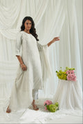 White Floral Design Brocade Kurta Set