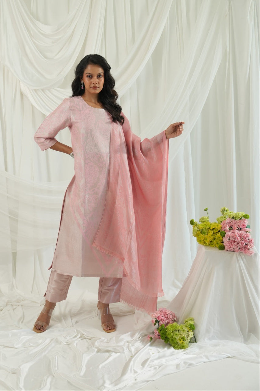 Brocade Floral Design Pink Kurta Set