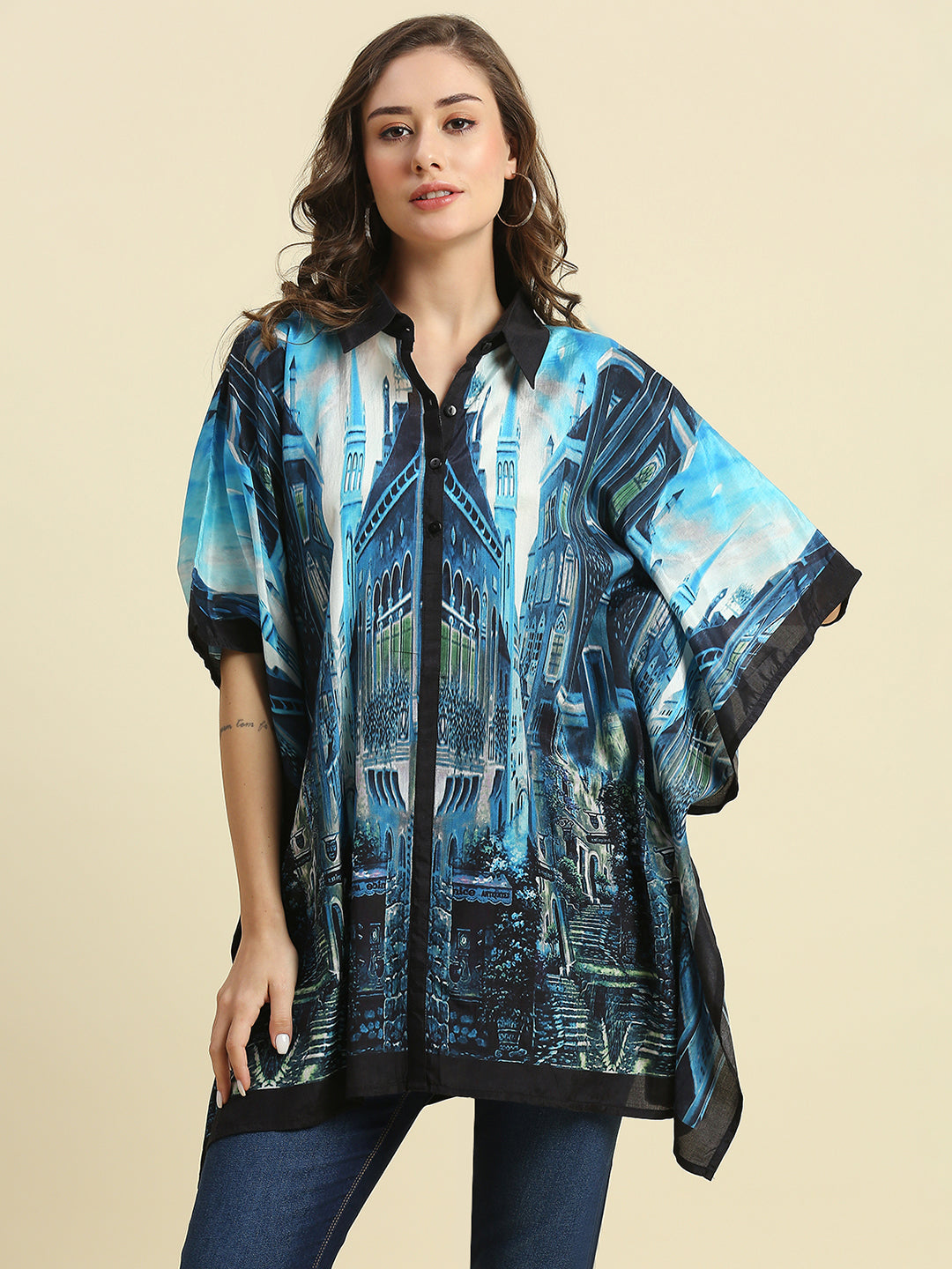 Scenery Building Printed Blue Kaftan Shirt