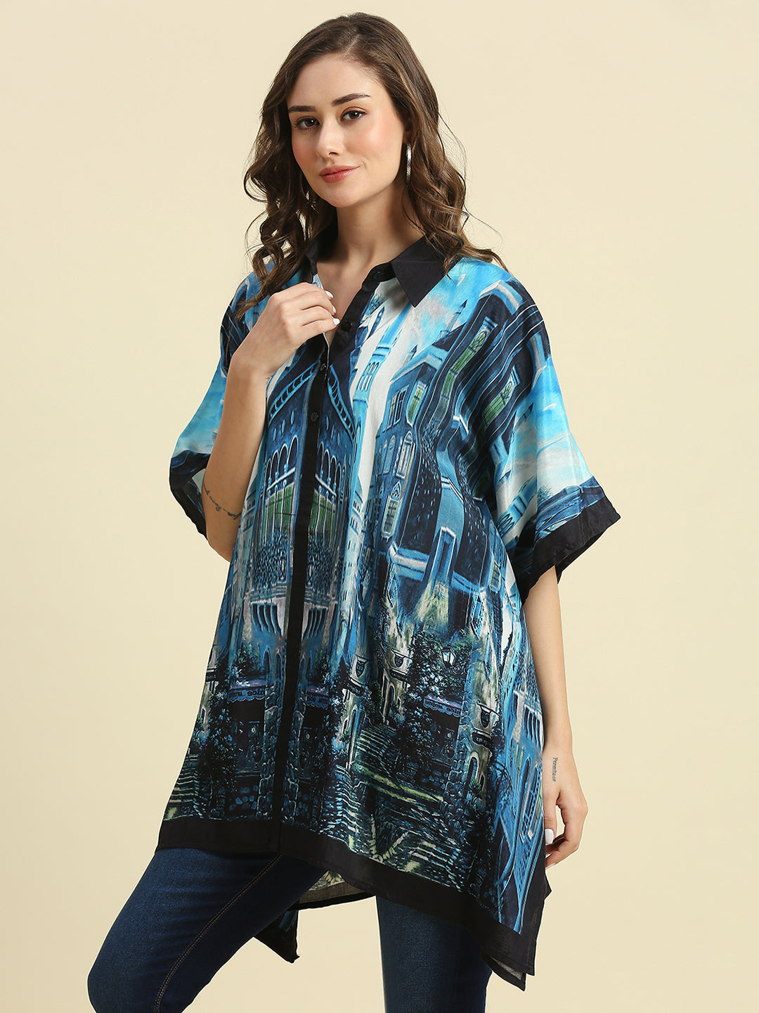 Blue Scenery Building Printed Kaftan Shirt