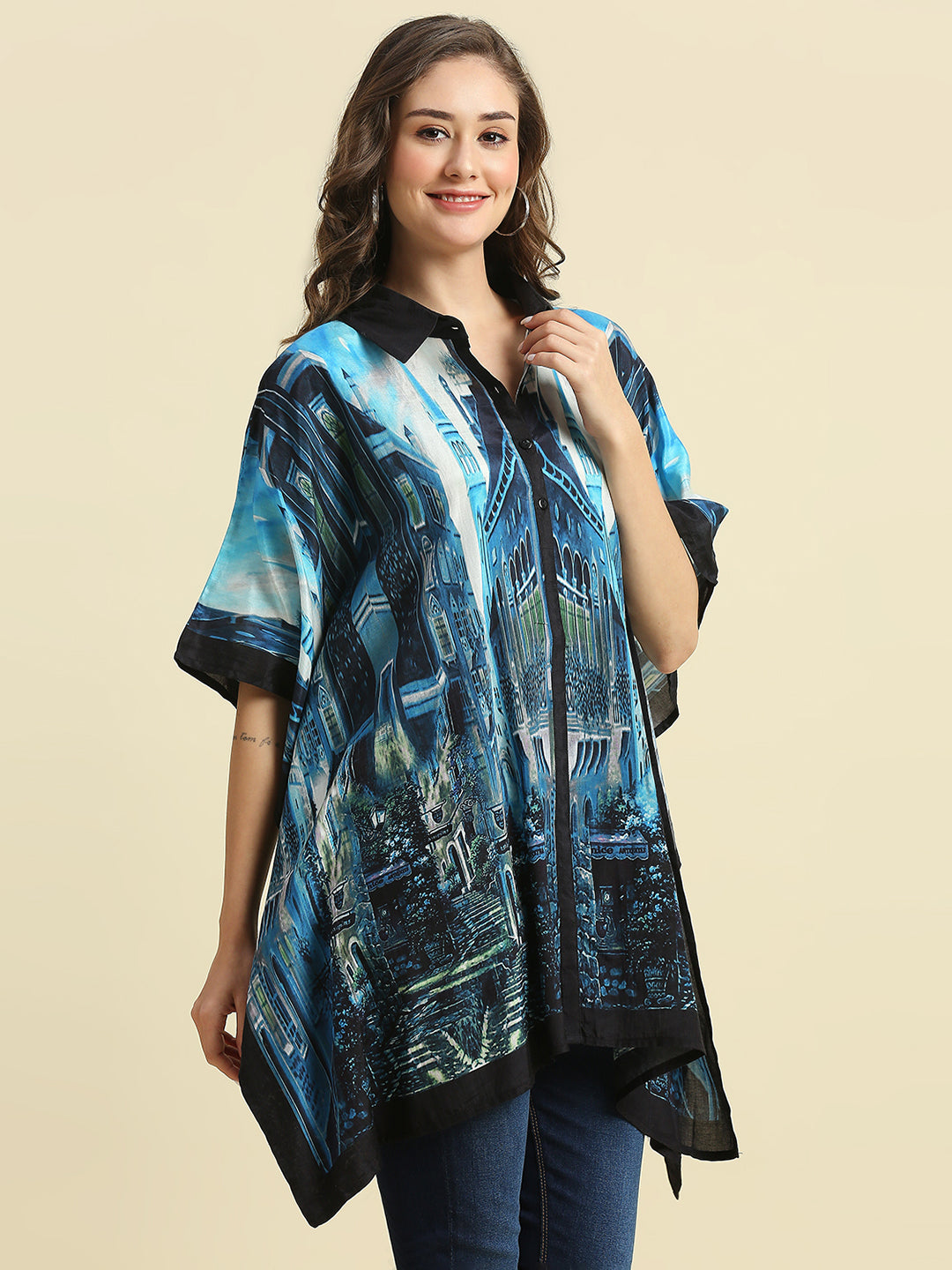 Blue Scenery Building Printed Kaftan Shirt