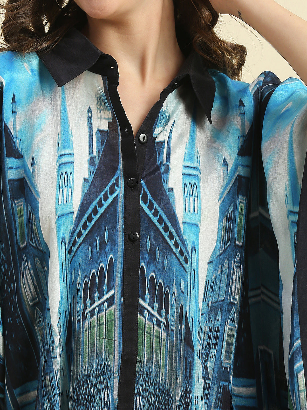 Blue Scenery Building Printed Kaftan Shirt