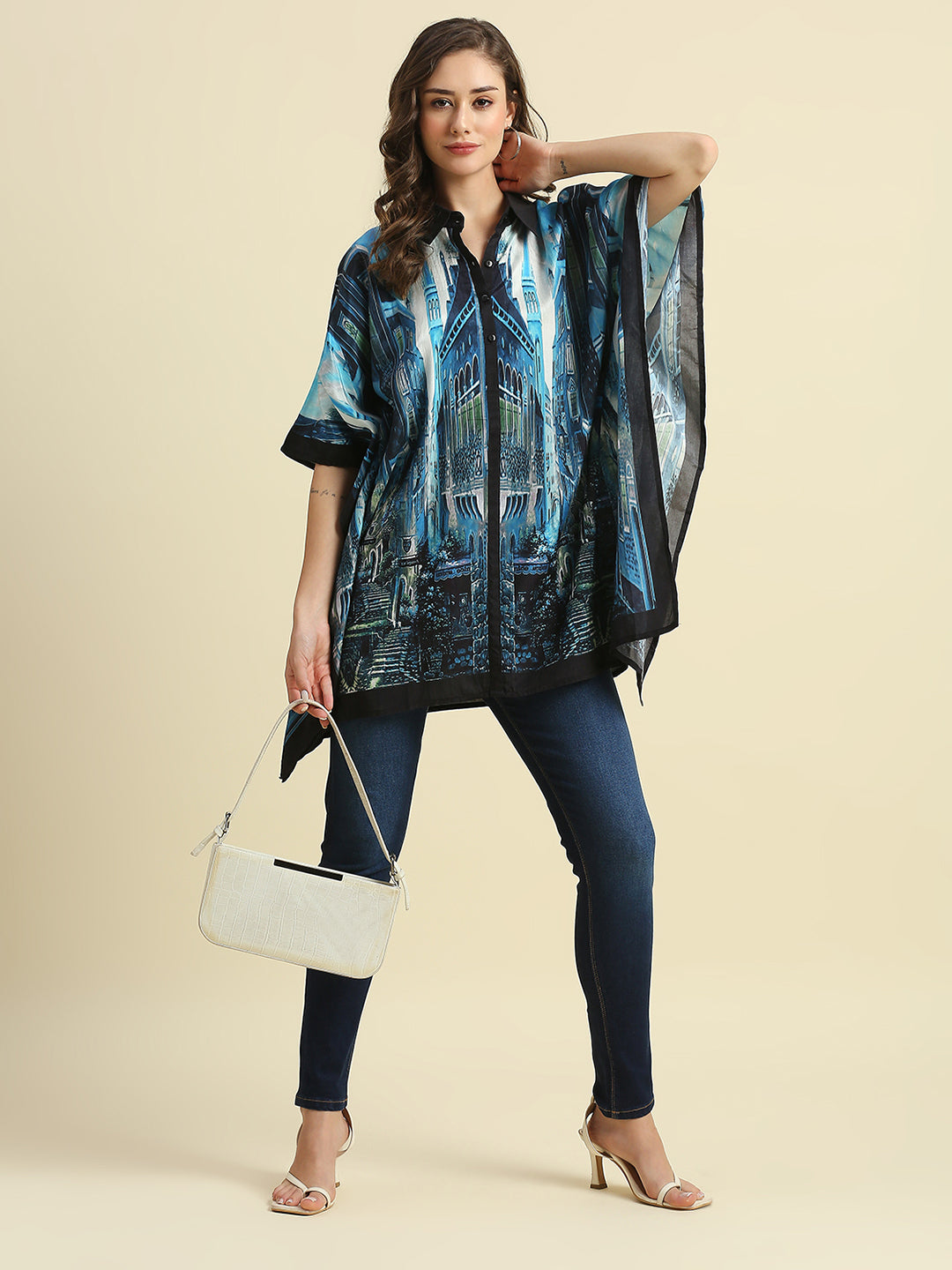 Scenery Building Printed Blue Kaftan Shirt