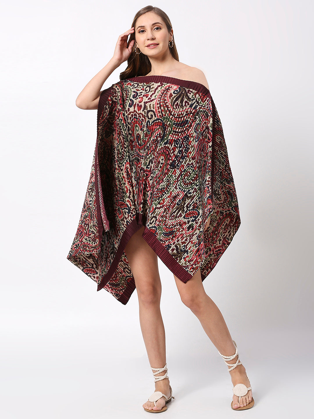 Maroon Paisley Pleated Poncho