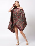 Off-White & Maroon Paisley Printed Off Shoulder Pleated Poncho