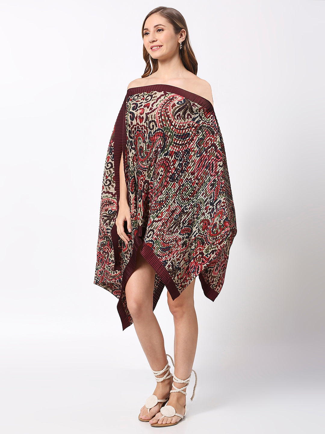 Off-White & Maroon Paisley Printed Off Shoulder Pleated Poncho