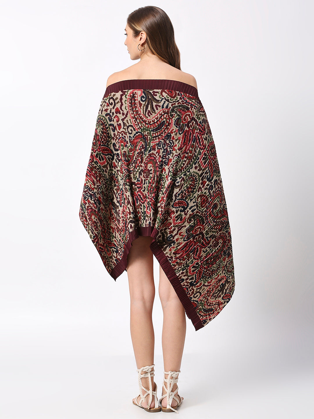 Off-White & Maroon Paisley Printed Off Shoulder Pleated Poncho