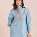 Solid Metallic Aqua Shirt with Brocade Yolk