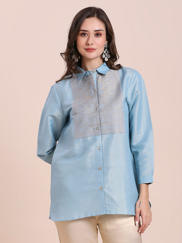 Solid Metallic Aqua Shirt with Brocade Yolk