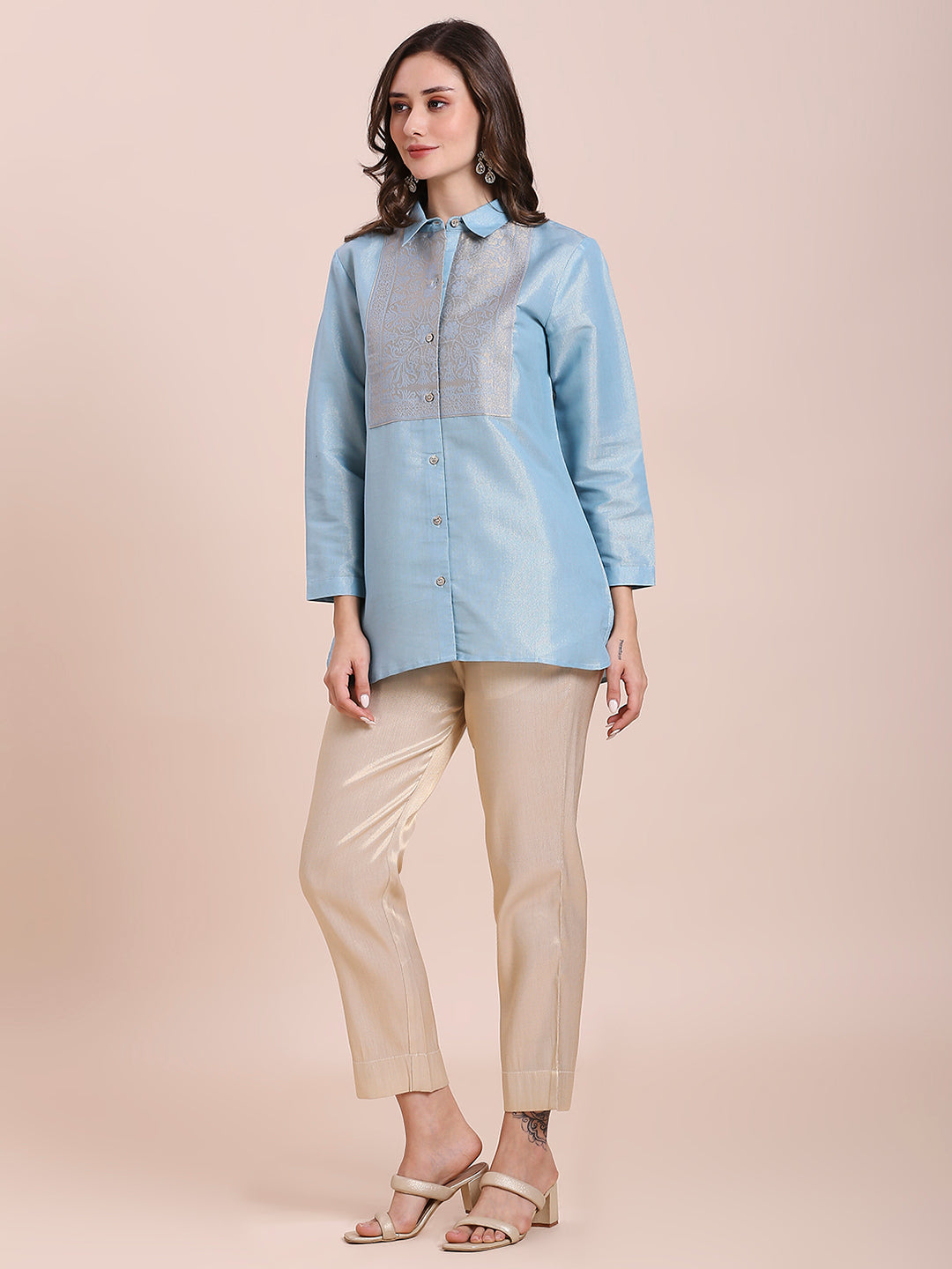 Aqua Solid Metallic Shirt with Brocade Yolk