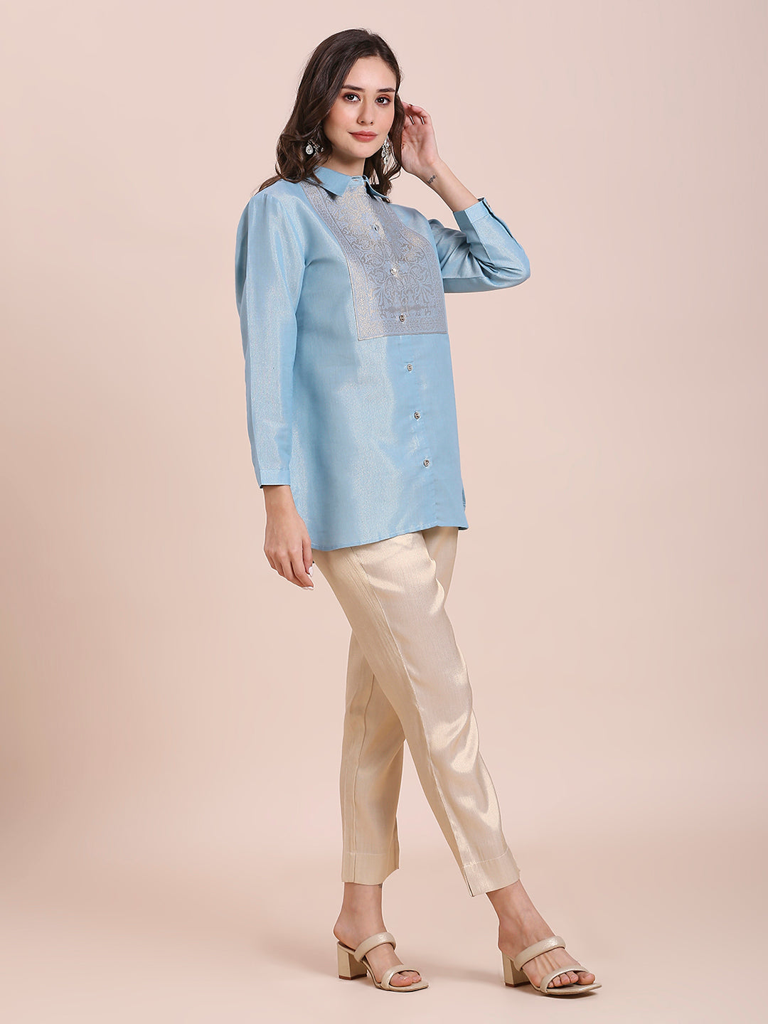 Aqua Solid Metallic Shirt with Brocade Yolk