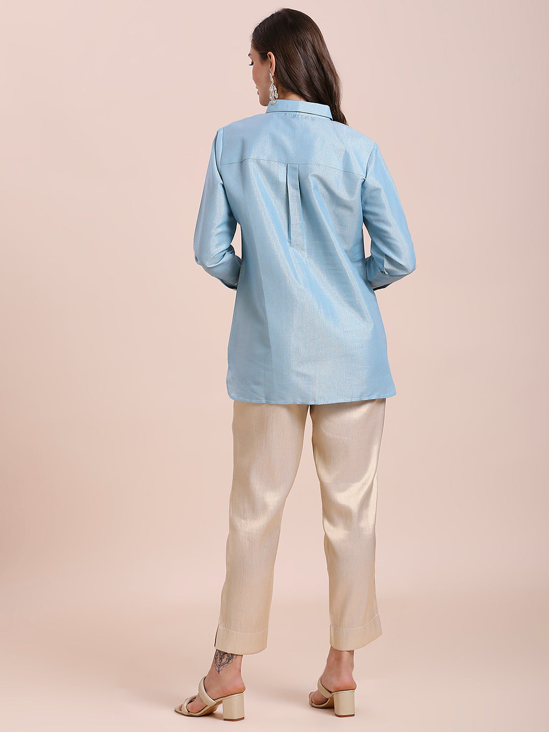 Aqua Solid Metallic Shirt with Brocade Yolk