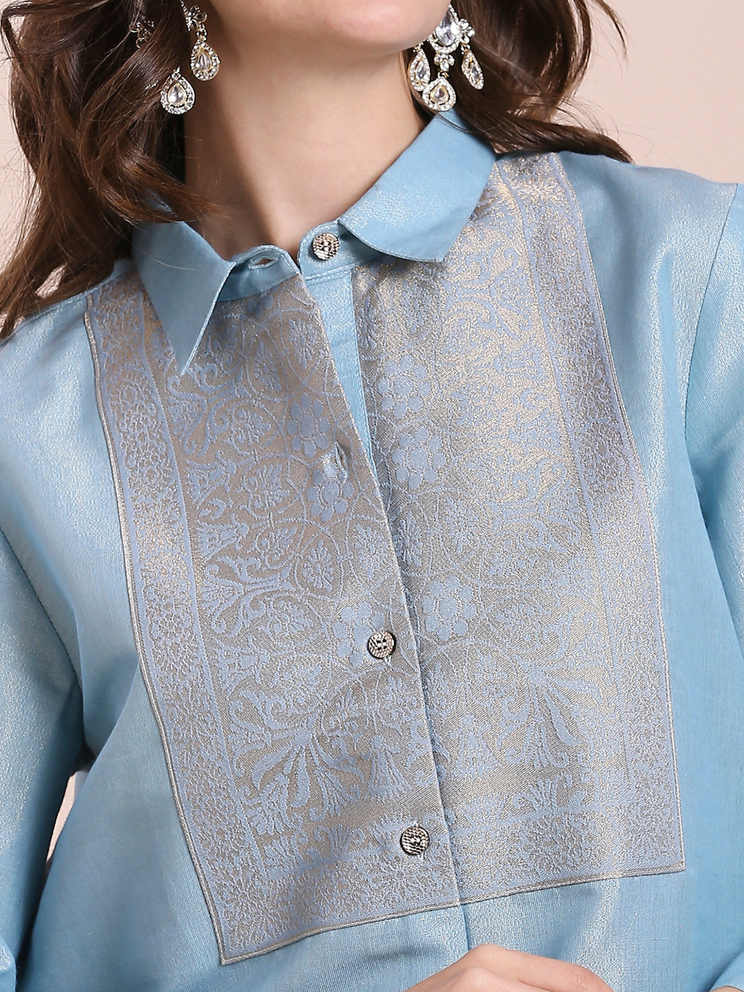 Aqua Solid Metallic Shirt with Brocade Yolk