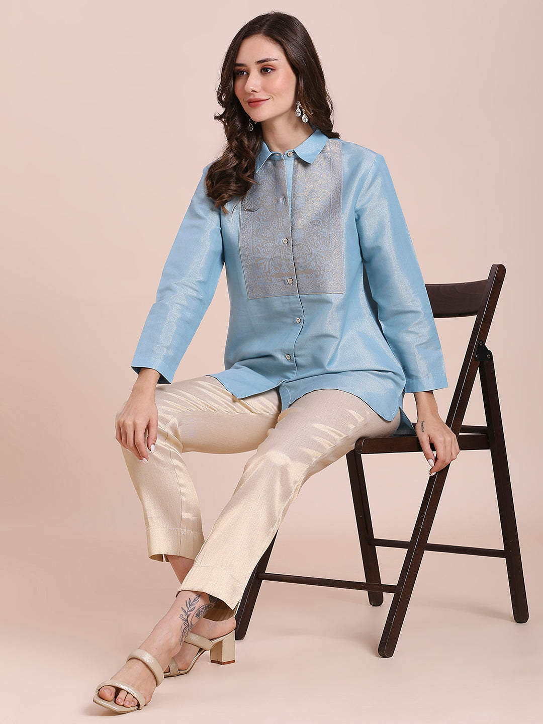 Solid Metallic Aqua Shirt with Brocade Yolk