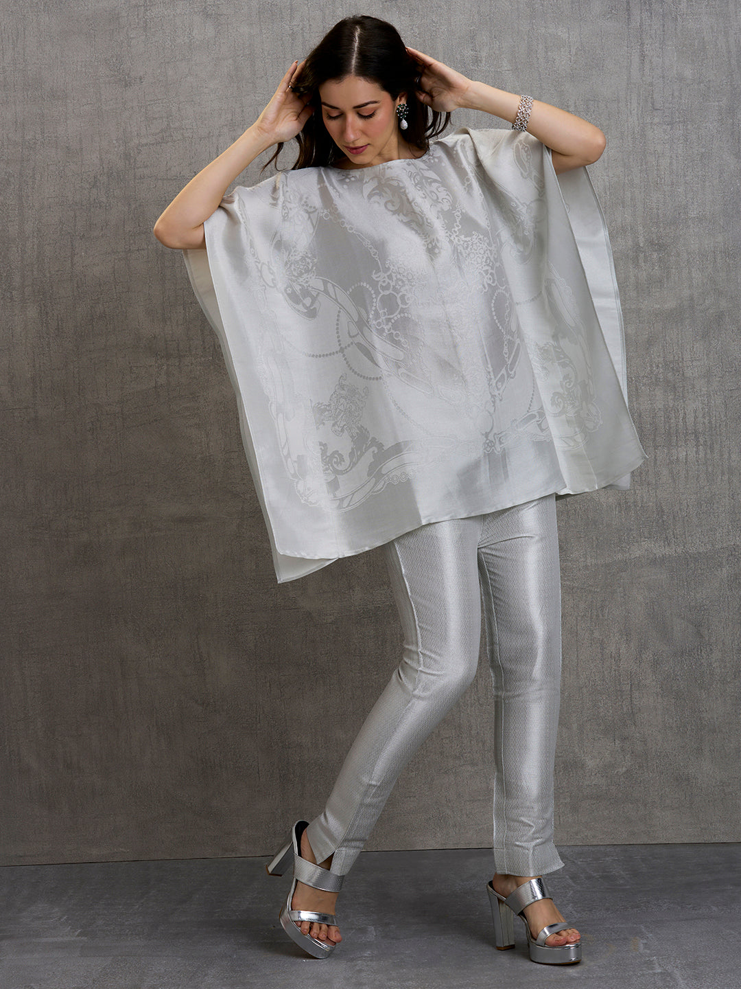Brocade French Pattern Silver Kaftan Set