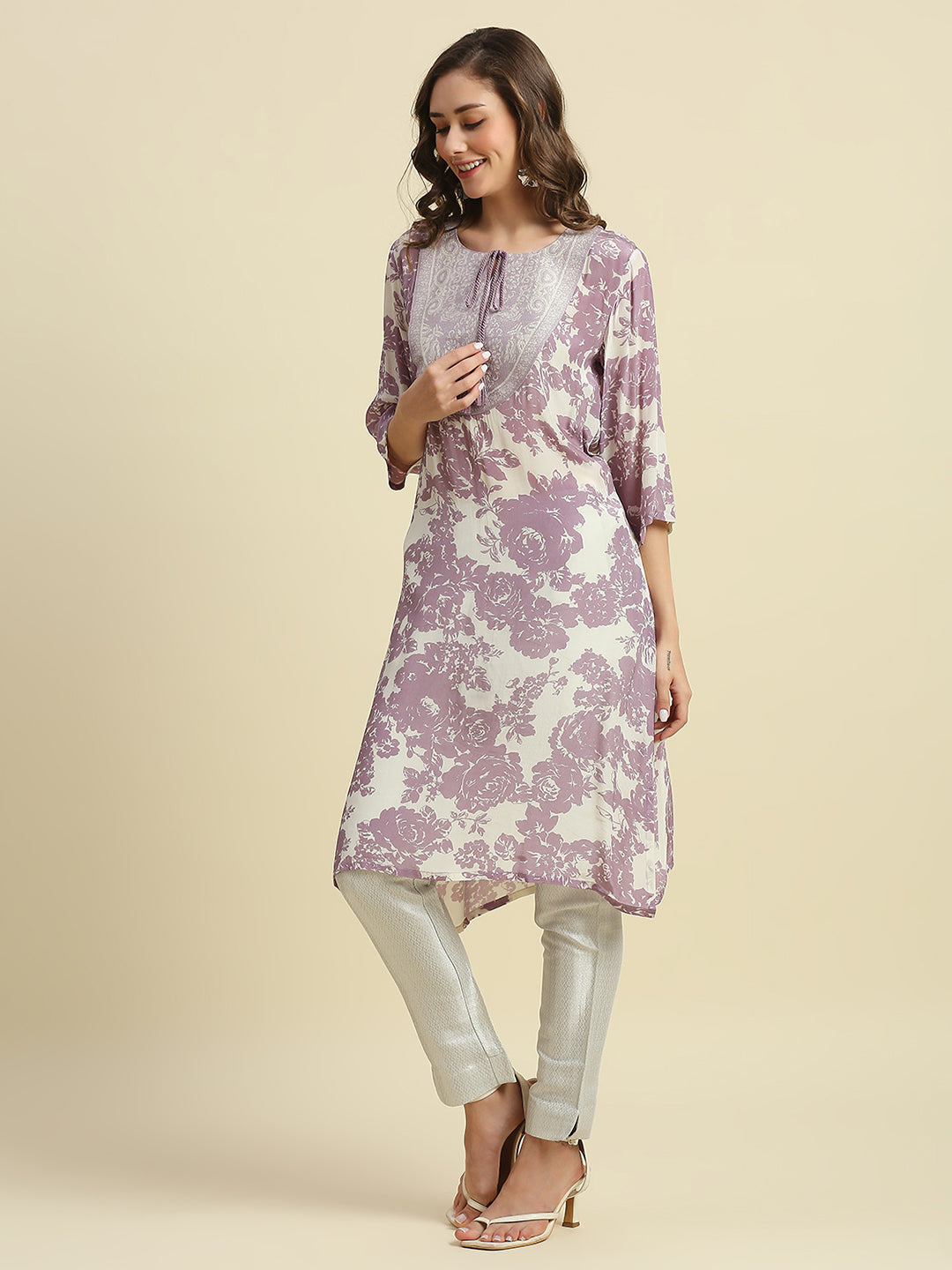 Lavender Floral Printed Kurti with Brocade Yolk