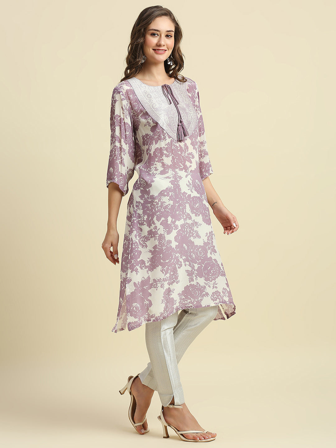 Lavender Floral Printed Kurti with Brocade Yolk