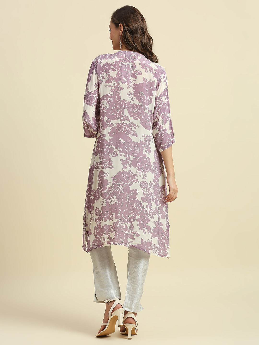 Lavender Floral Printed Kurti with Brocade Yolk