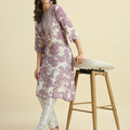 Floral Printed Lavender Kurta with Brocade Yolk