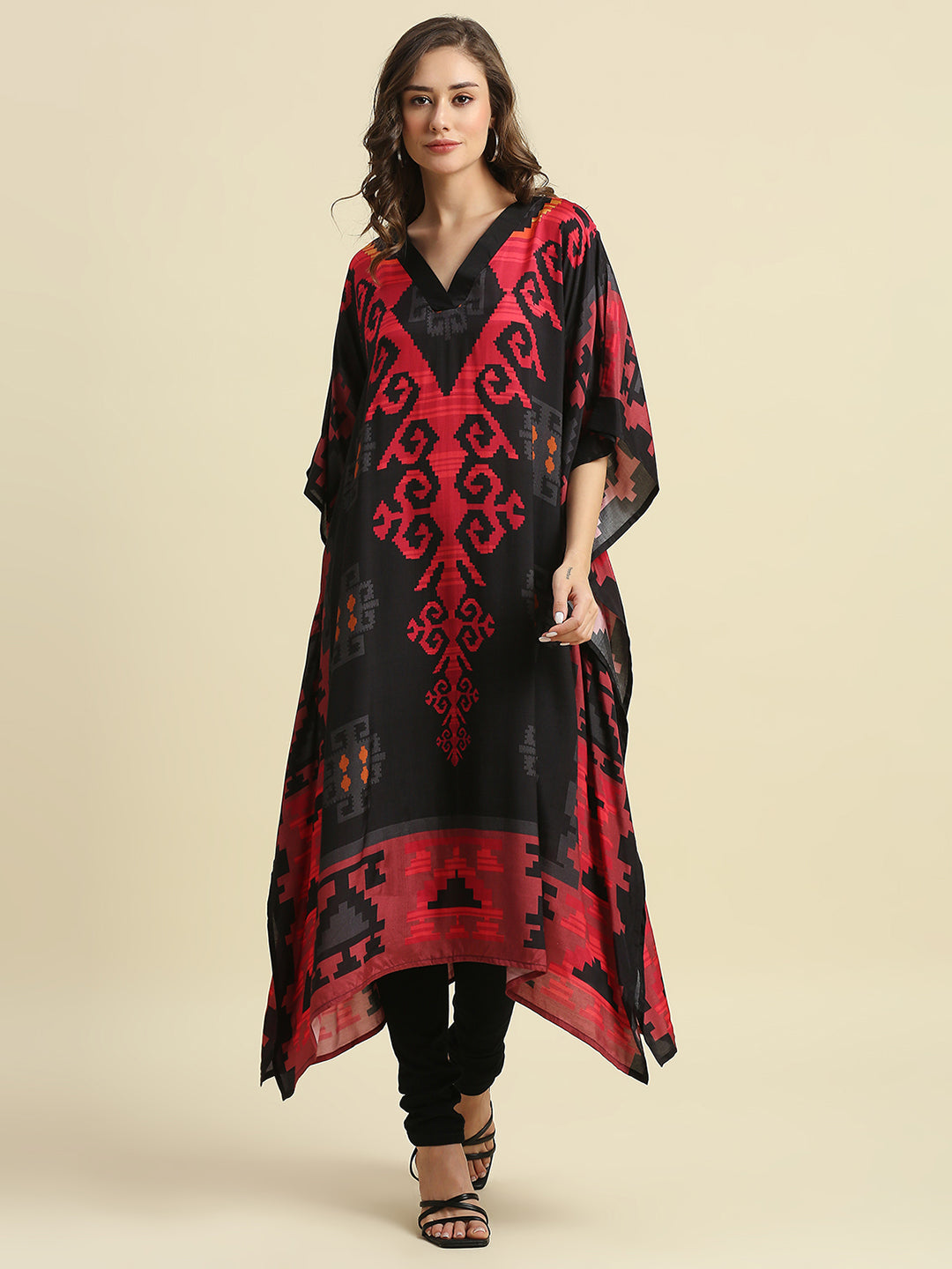 Black & Red Ikkat Printed Long Kaftan