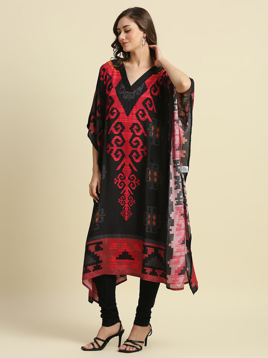 Black & Red Ikkat Printed Long Kaftan