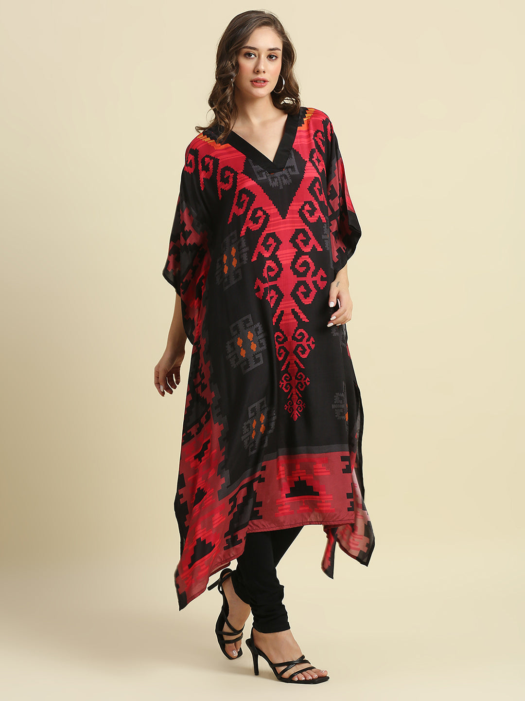 Black & Red Ikkat Printed Long Kaftan