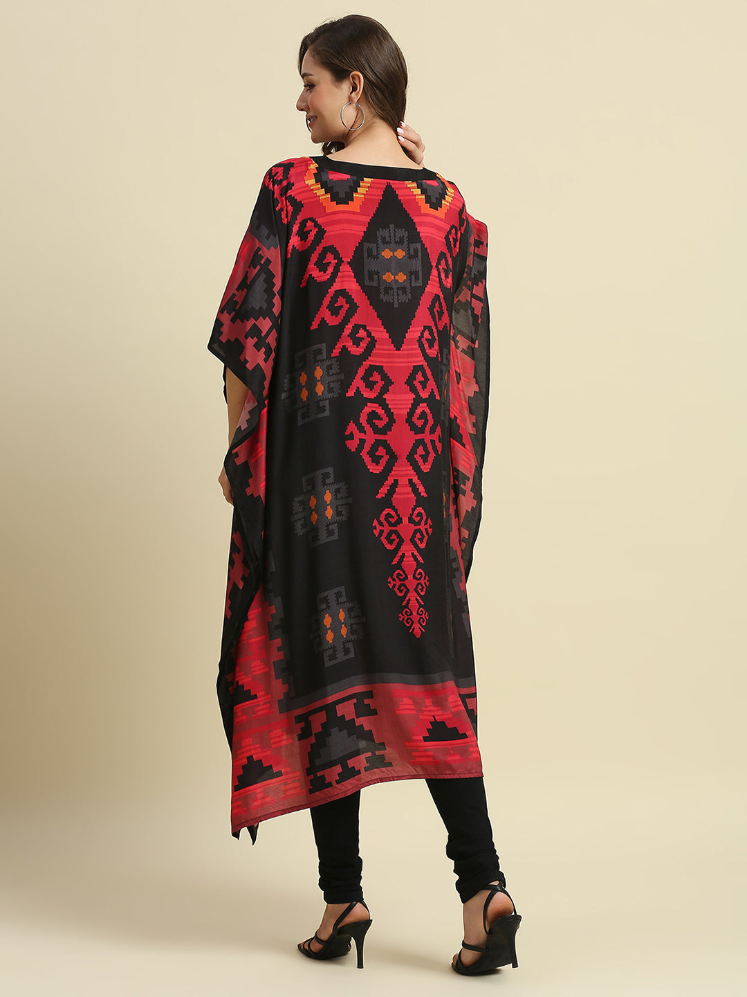 Black & Red Ikkat Printed Long Kaftan