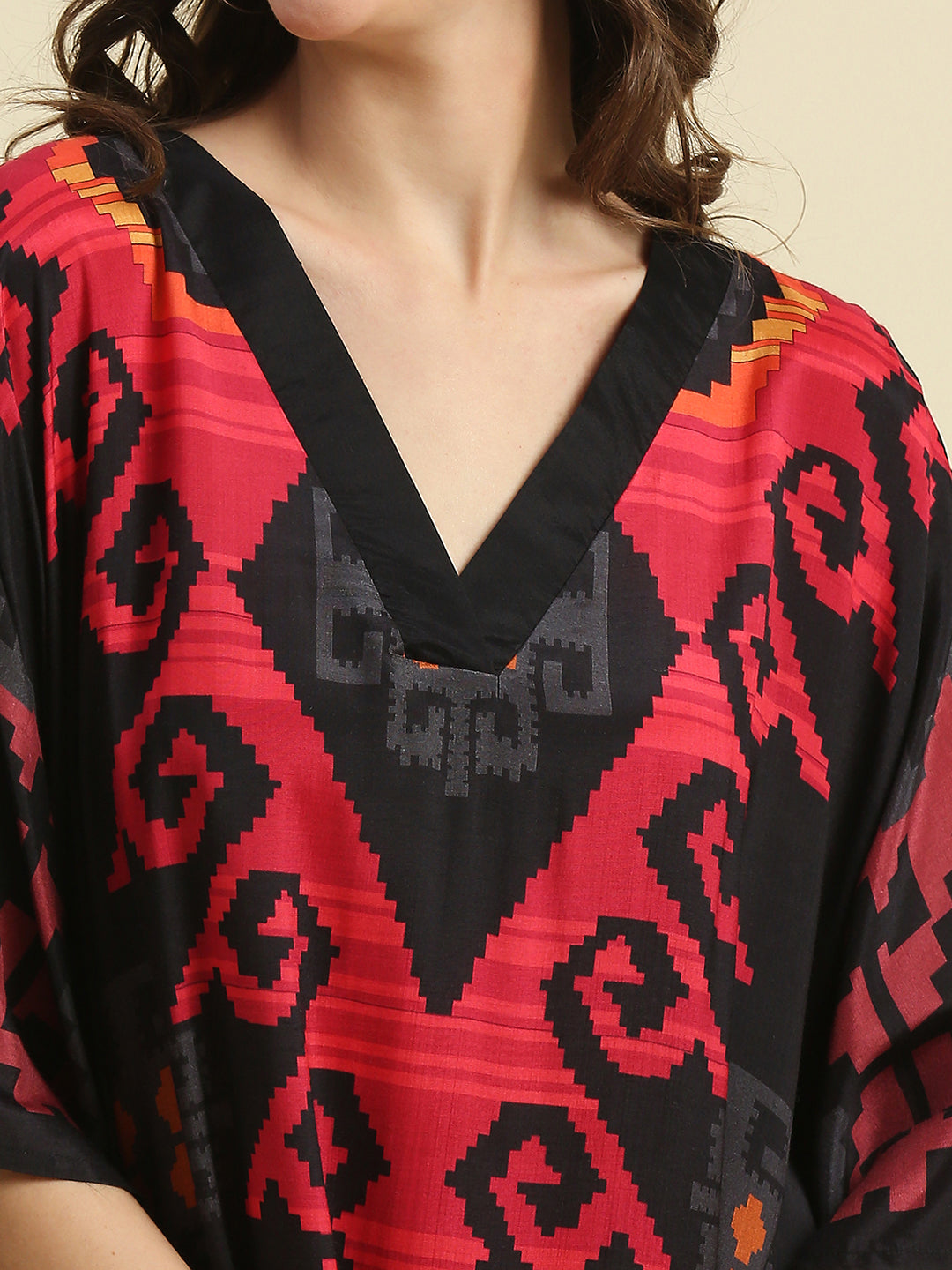 Black & Red Ikkat Printed Long Kaftan