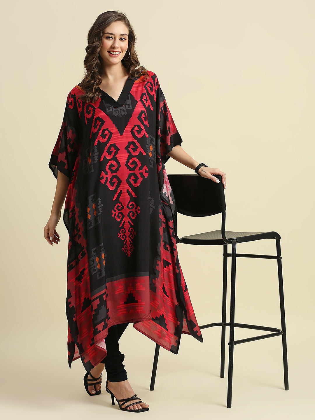 Ikkat Printed Black & Red Long Kaftan