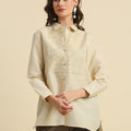 Solid Metallic Off White Shirt with Brocade Yolk