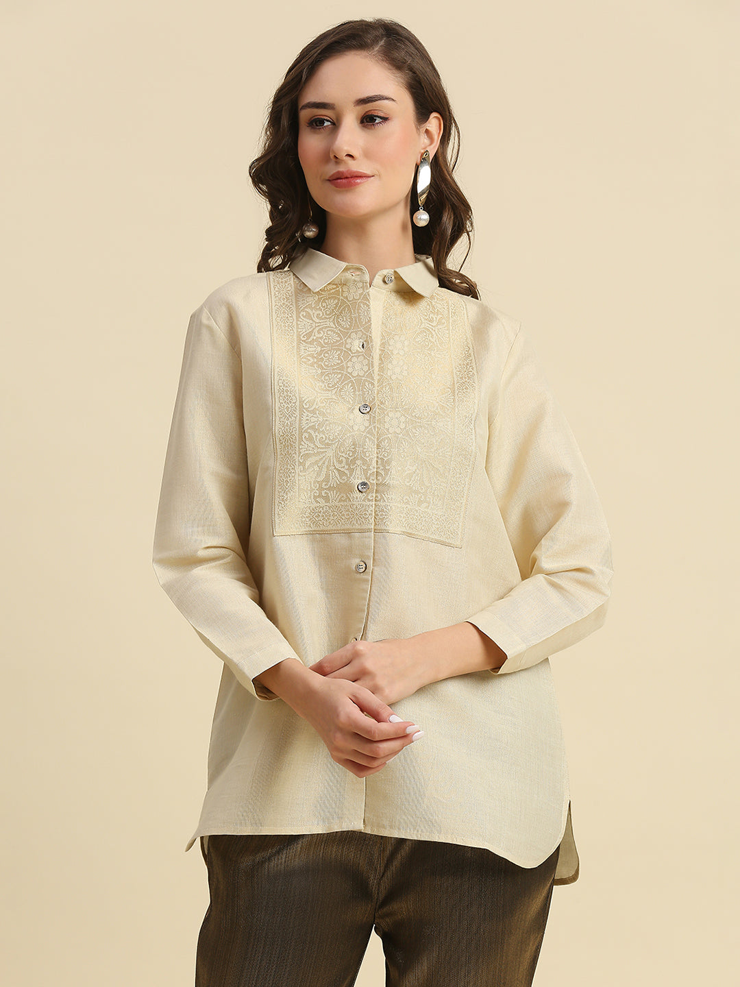 Solid Metallic Off White Shirt with Brocade Yolk