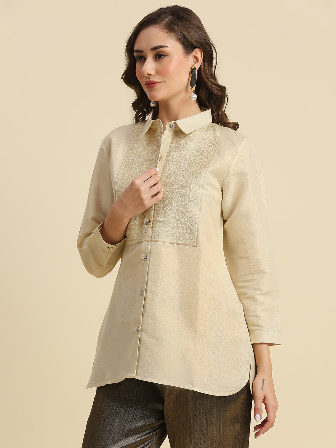 Off White Solid Metallic Shirt with Brocade Yolk