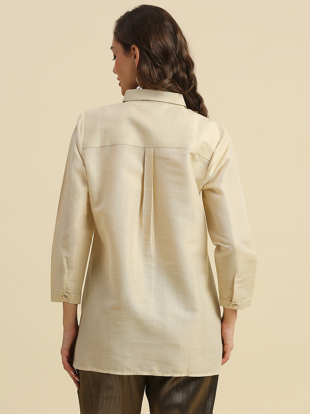 Off White Solid Metallic Shirt with Brocade Yolk