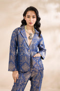 French Patterned Ornamental Navy Blue Short Brocade Blazer