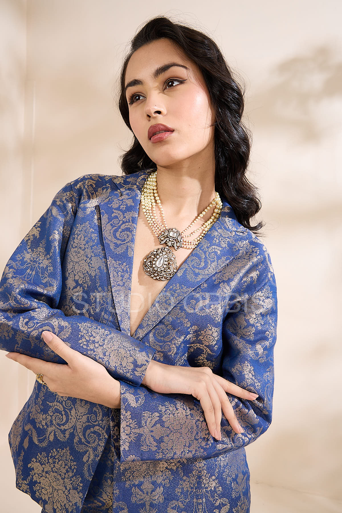 French Navy Short Brocade Blazer