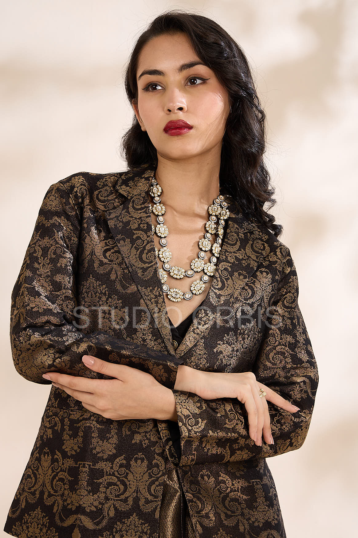 French Black Short Brocade Blazer